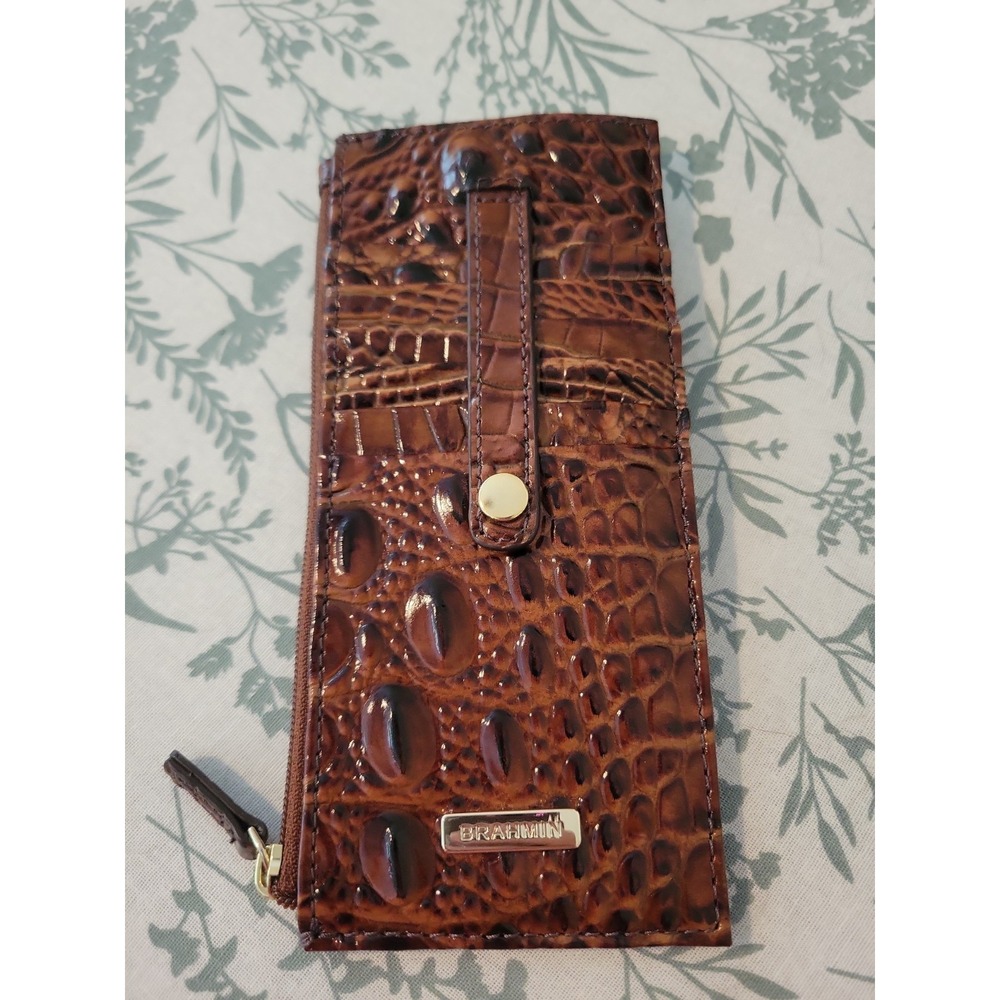 Brahmin Credit Card Wallet Pecan Melbourne Brown Croc Embossed Leather